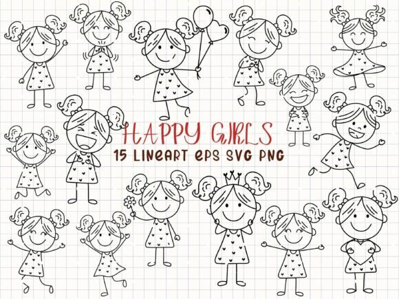 Happy Girls Line Art Stick Figure Graphics for Commercial Use