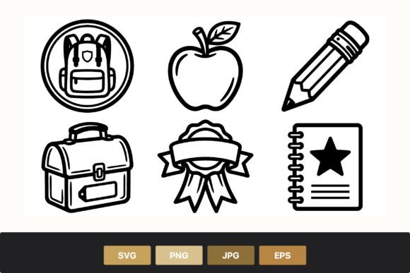 School Icons Black White Line Art Graphics