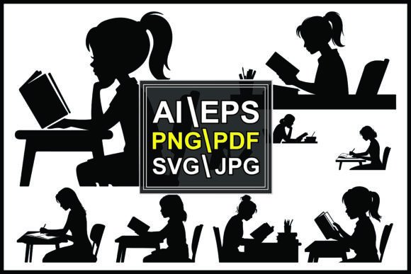 Silhouettes Girls Reading Writing at Des Graphics