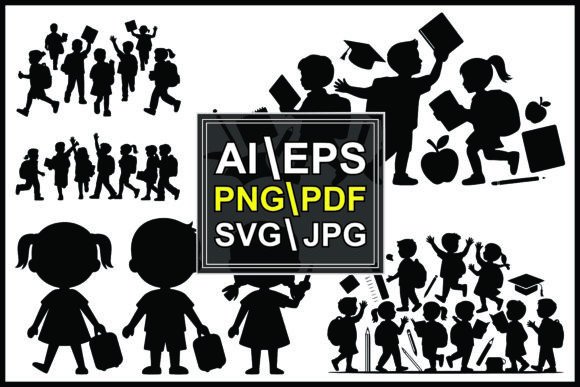 Silhouettes of Children School Supplies – A Versatile Graphic Design Asset