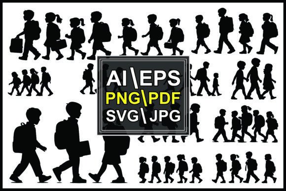 Silhouettes of Children Walking Carrying Graphics