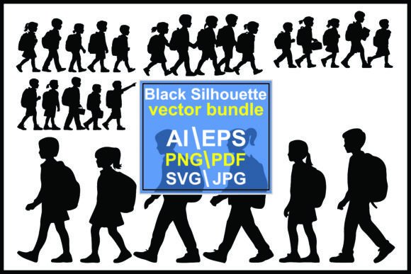 Silhouettes of Children Walking School Graphics